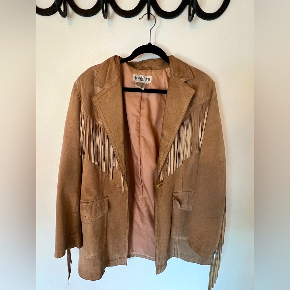 Vintage “Together!” Tan Suede Fringe Jacket, size M